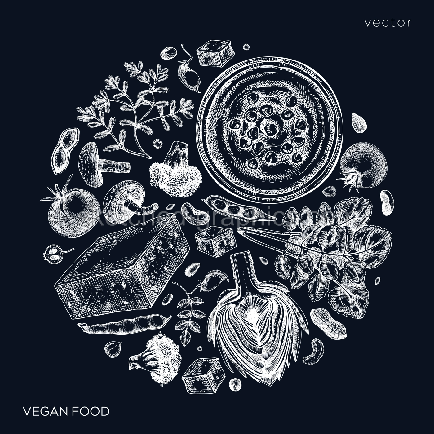 Vegan food sketched composition. Healthy food banner template. Middle eastern cuisine card. Hand-drawn vegan meals and ingredients for menu, recipe, and packaging design. Food sketches on chalkboard Illustration
